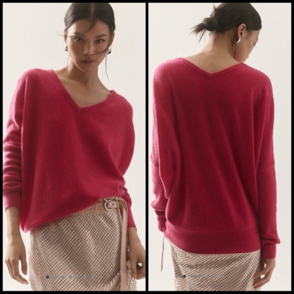 Anthro Maeve The Cashmere Collection The Charley Pink Double V Neck Sweater Sz L